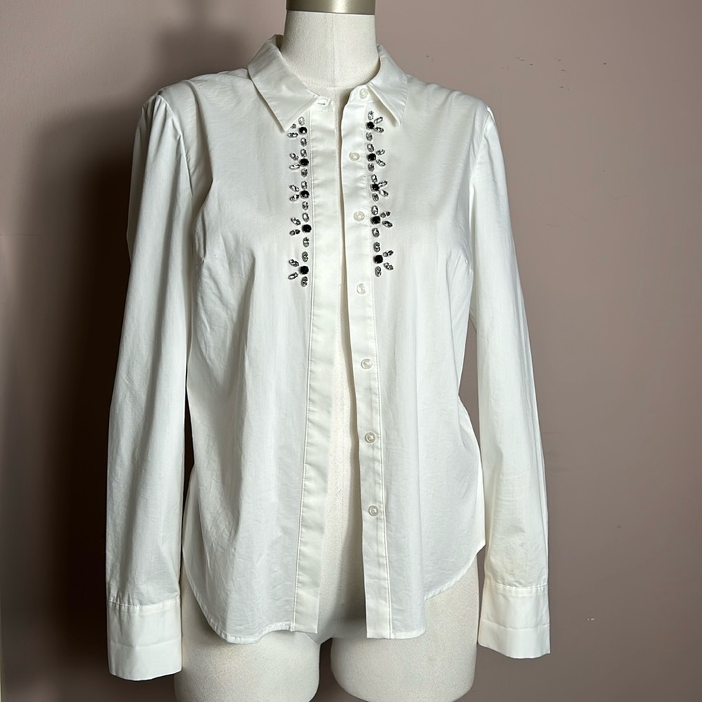 Laundry by Shelli Segal Rhinestone Embellished Cotton White Button Down Shirt 8